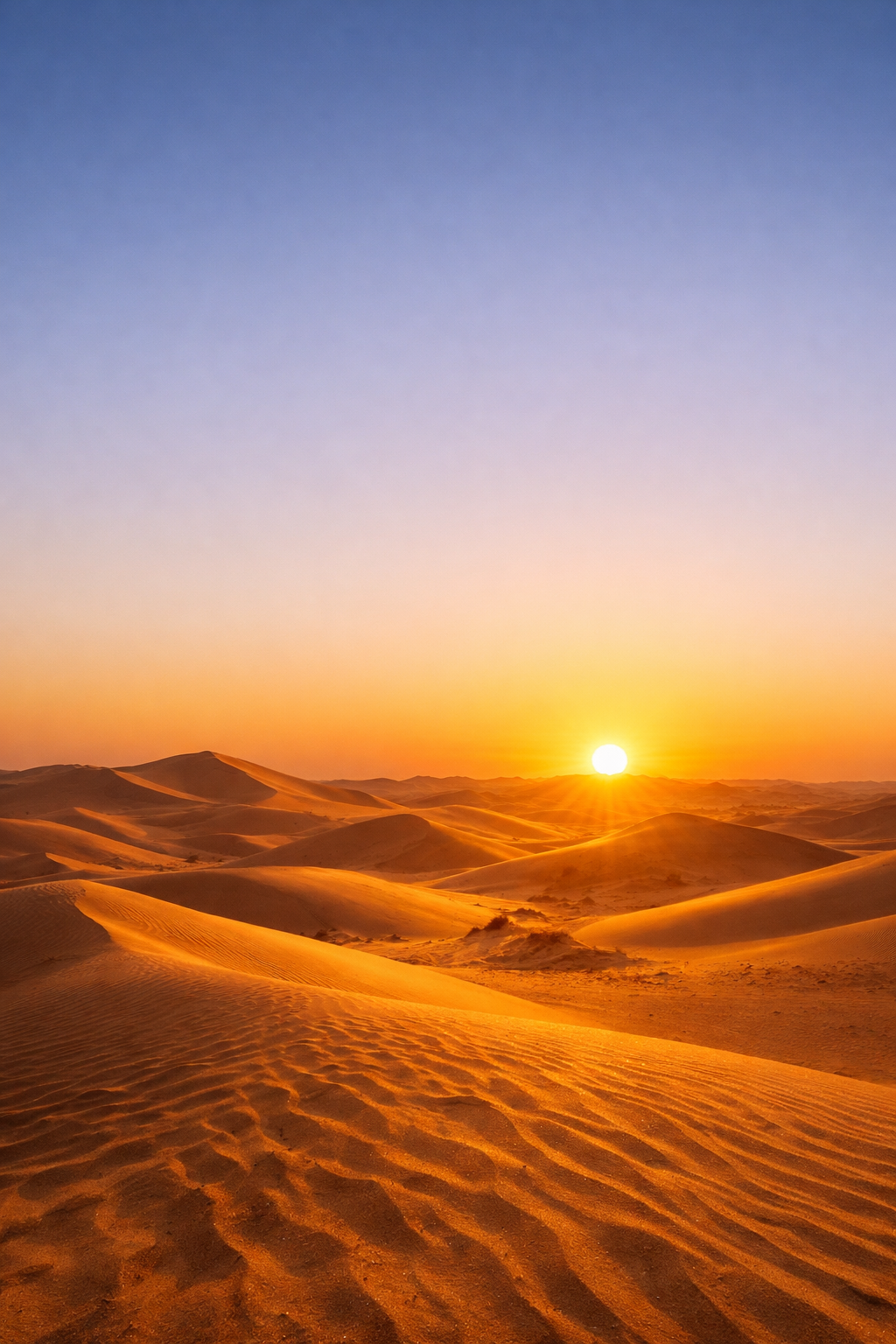 Beautiful sunrise over calm desert sand dunes with golden light, background for Quran verse text overlay